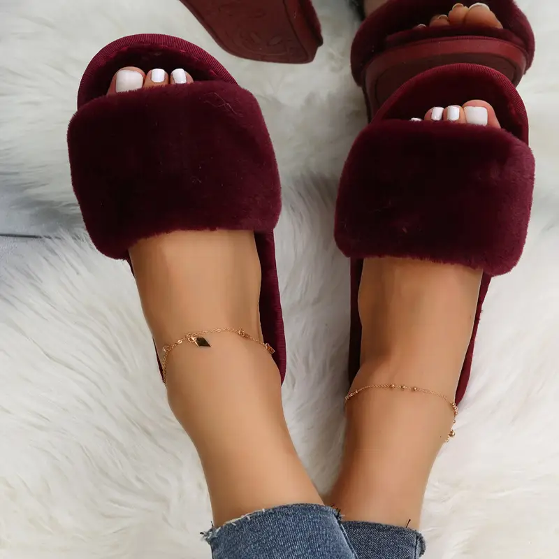 Foreign Trade Furry Slippers for Women Autumn and Winter New Indoor Lazy One-Word Plush Slippers Flats Cotton Slippers Home Wholesale — feature 5