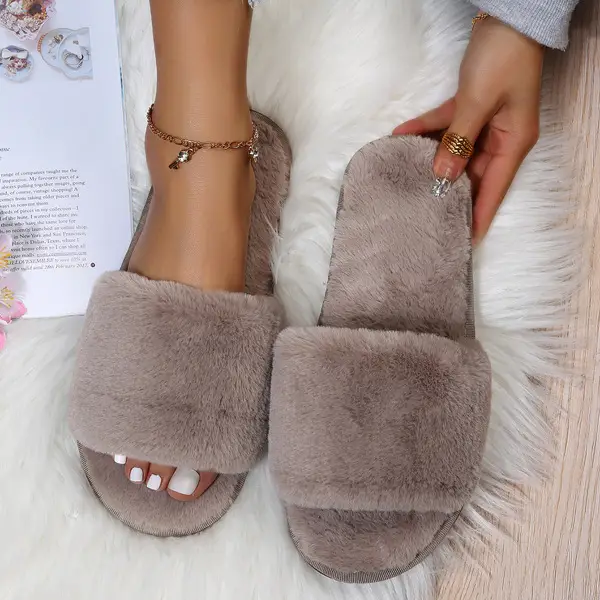 Foreign Trade Furry Slippers for Women Autumn and Winter New Indoor Lazy One-Word Plush Slippers Flats Cotton Slippers Home Wholesale — feature 6