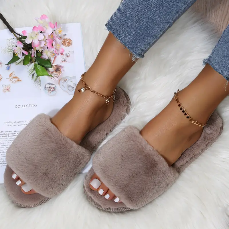 Foreign Trade Furry Slippers for Women Autumn and Winter New Indoor Lazy One-Word Plush Slippers Flats Cotton Slippers Home Wholesale — feature 7