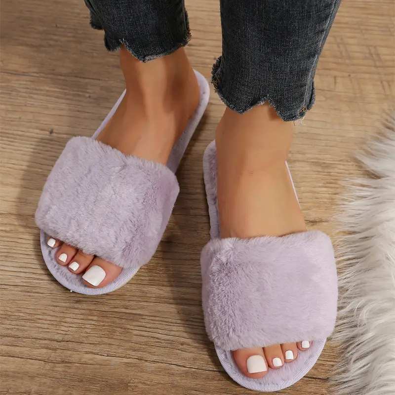 Foreign Trade Furry Slippers for Women Autumn and Winter New Indoor Lazy One-Word Plush Slippers Flats Cotton Slippers Home Wholesale