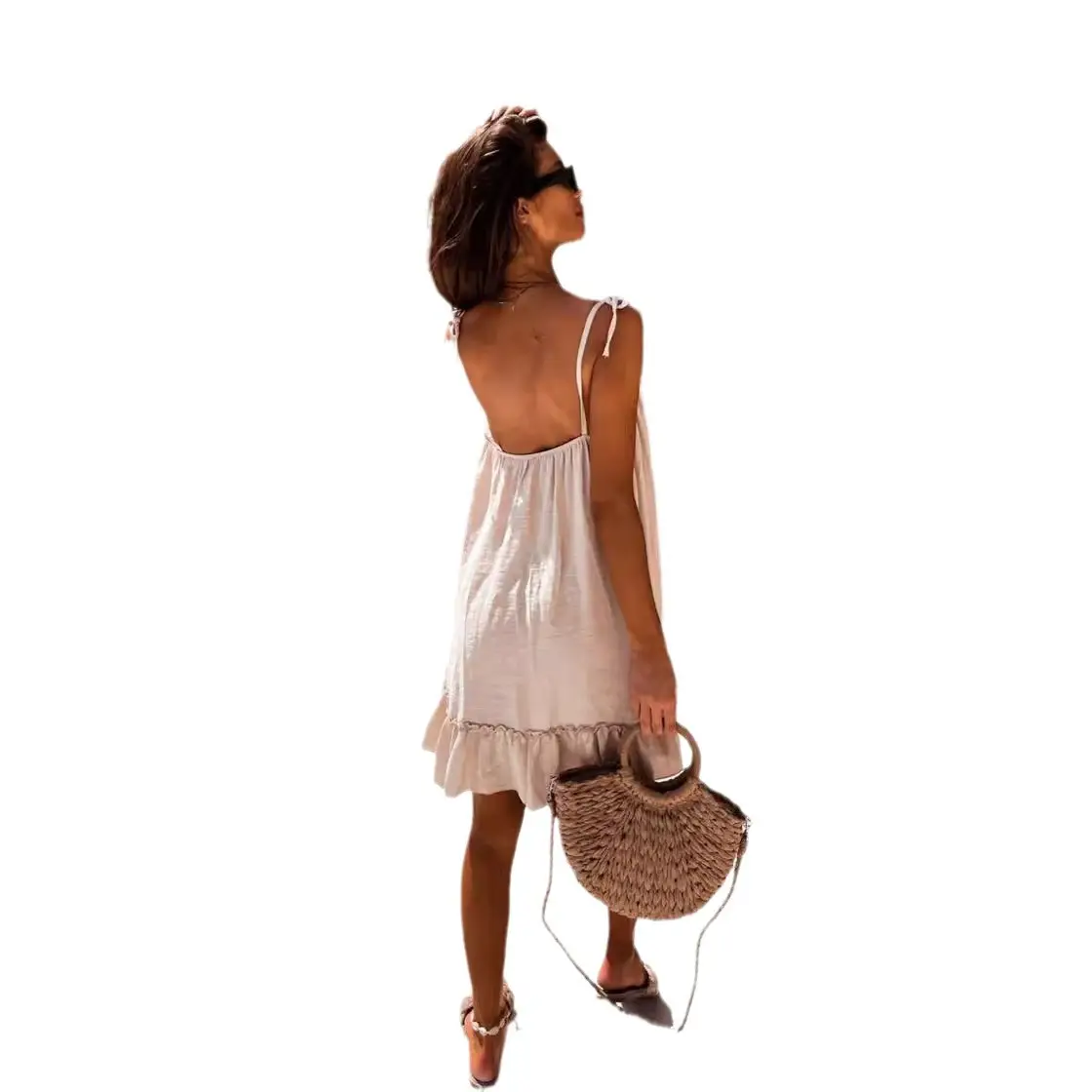 2024 Summer V-Collar Loose Lotus Leaf Dress Pink - Image 11