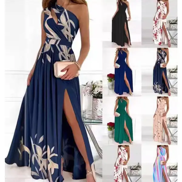 Blue Gradient High Split Cross Shoulder Dress