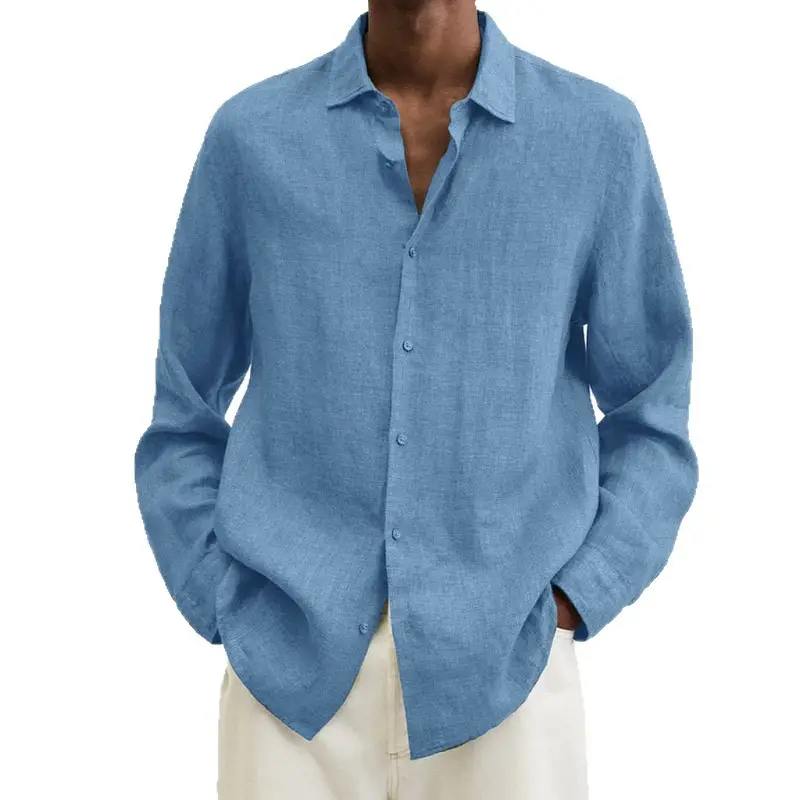 Men's Purple Cotton Linen Button Shirt Long Sleeve V Neck - Image 13
