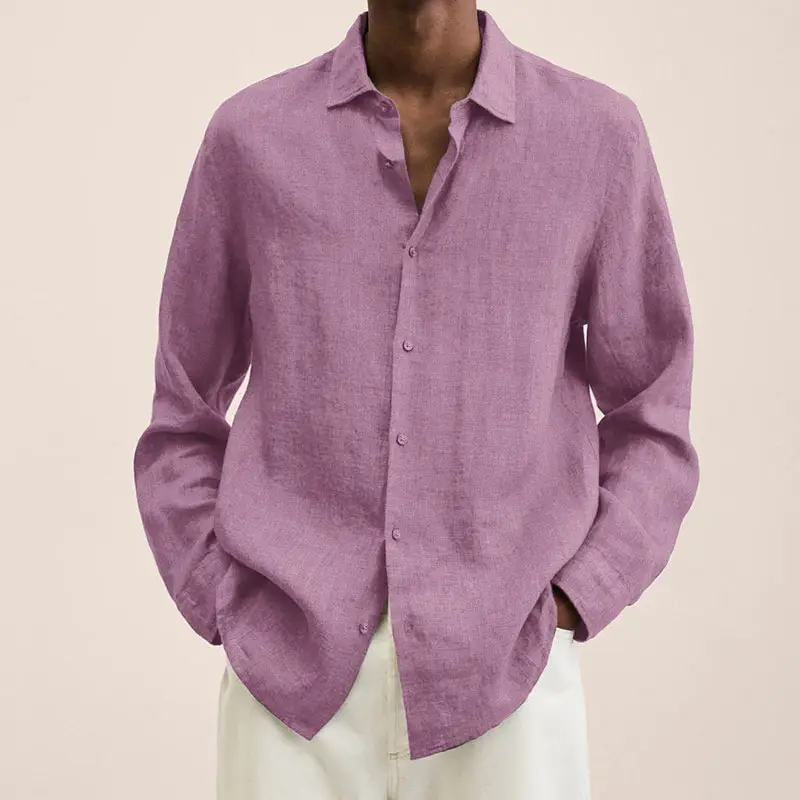 Men's Purple Cotton Linen Button Shirt Long Sleeve V Neck - Image 5