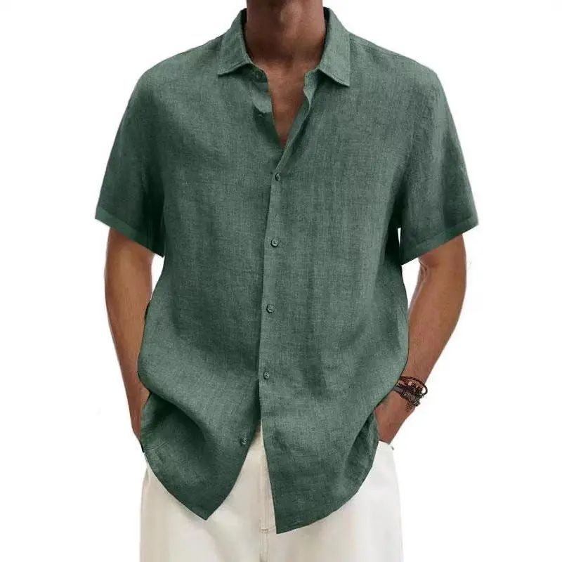 Men V-Neck Button Cotton Linen Shirt Blue - Image 18