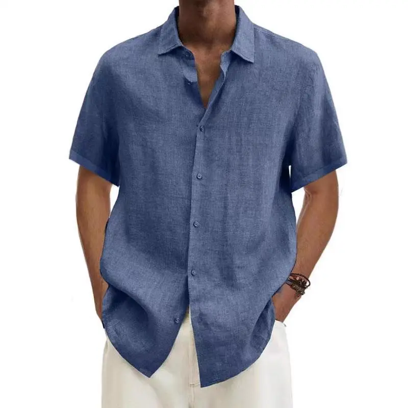 Men V-Neck Button Cotton Linen Shirt Blue - Image 19