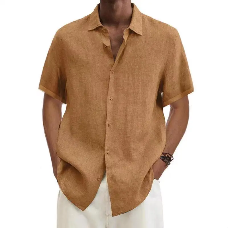 Men V-Neck Button Cotton Linen Shirt Blue - Image 20