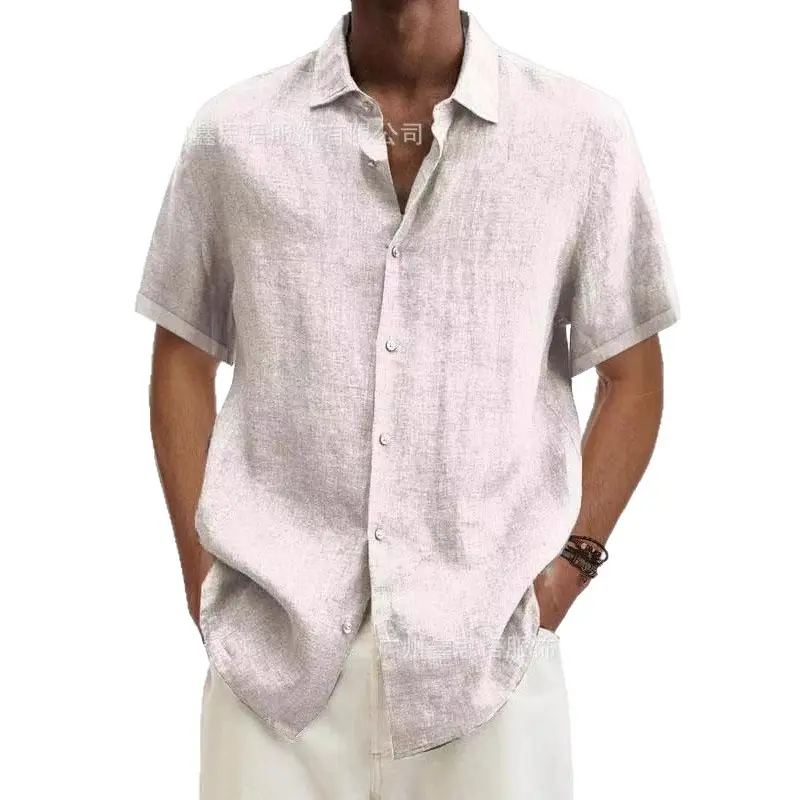 Men V-Neck Button Cotton Linen Shirt Blue - Image 21