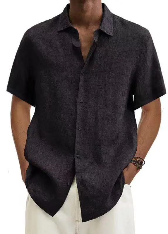 Men V-Neck Button Cotton Linen Shirt Blue - Image 15