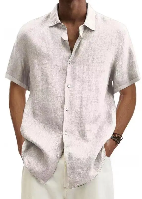 Men V-Neck Button Cotton Linen Shirt Blue - Image 7