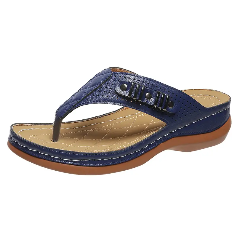 Women Blue Leather Platform Flip Flops Beach Slippers - Image 4