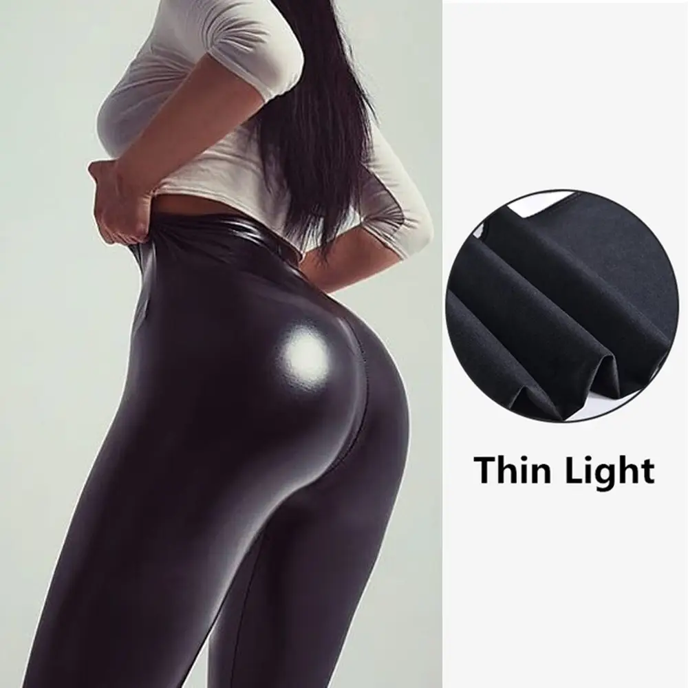 Green PU Leather High Waist Leggings Women's Four-Sided Elastic - Image 3