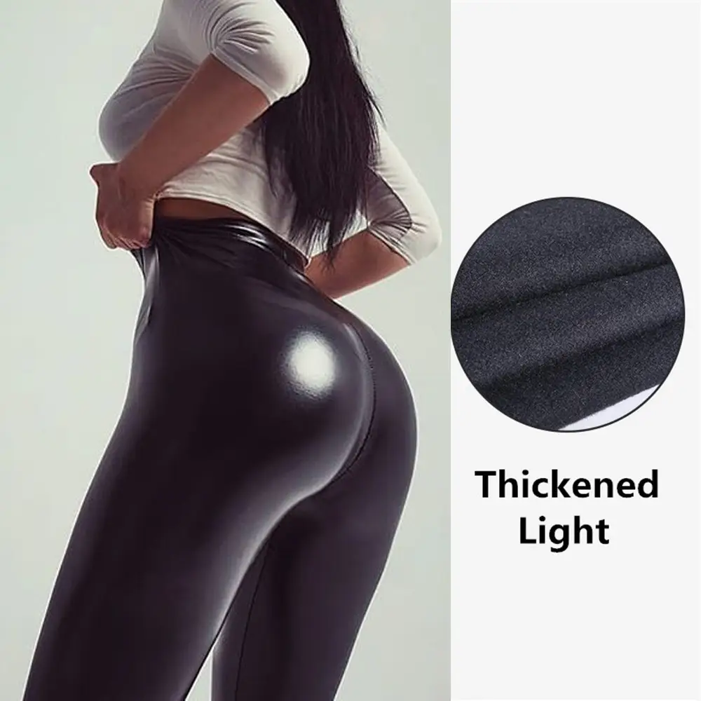 Green PU Leather High Waist Leggings Women's Four-Sided Elastic - Image 4