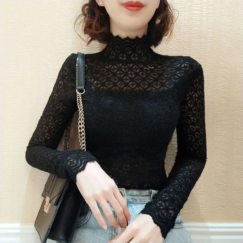 White Lace Half-High Collar T-Shirt for Women - Image 6