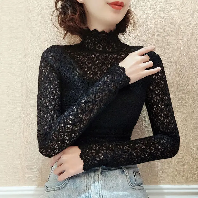 White Lace Half-High Collar T-Shirt for Women - Image 8