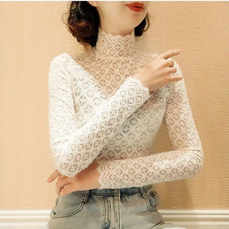White Lace Half-High Collar T-Shirt for Women - Image 2