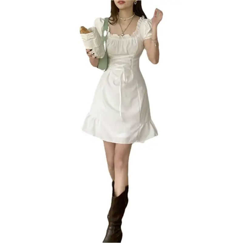 French Waist-Cinching White A-Line Skirt 2024