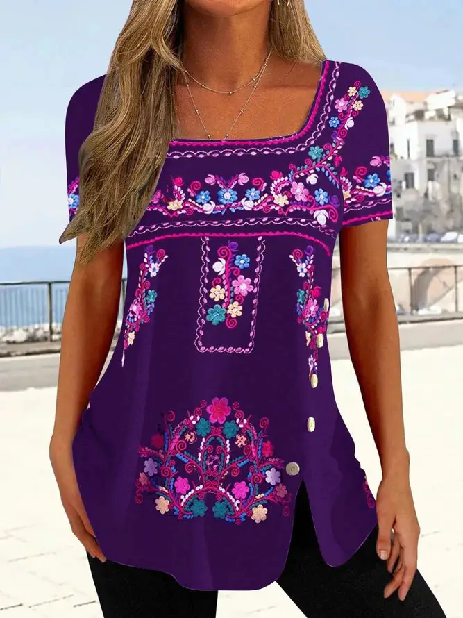 Women Ethnic Button Slit Top T-Shirt Black Short Sleeve - Image 3
