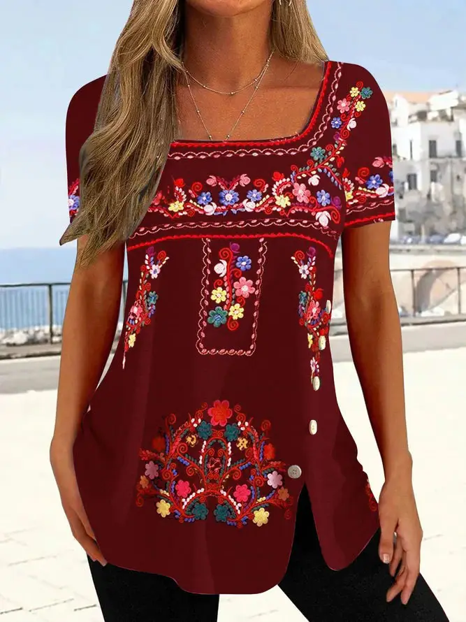 Women Ethnic Button Slit Top T-Shirt Black Short Sleeve - Image 4