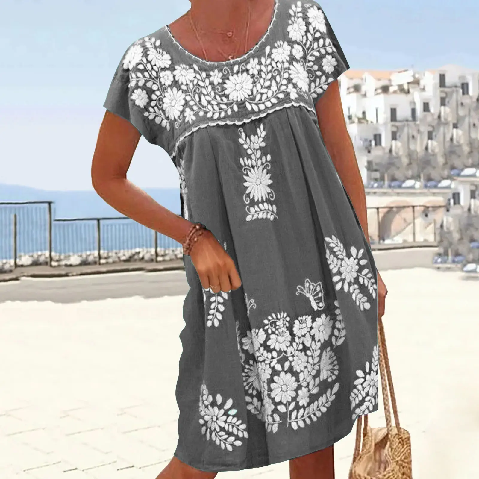 Purple Ethnic Raglan Short Sleeve Dress for Women - Image 3