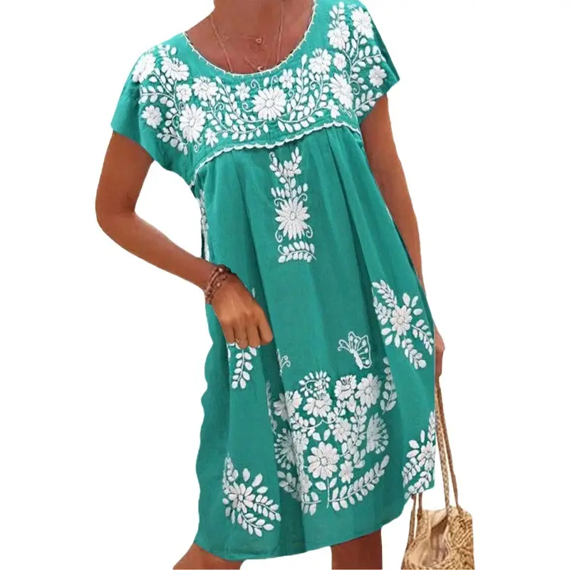 Purple Ethnic Raglan Short Sleeve Dress for Women