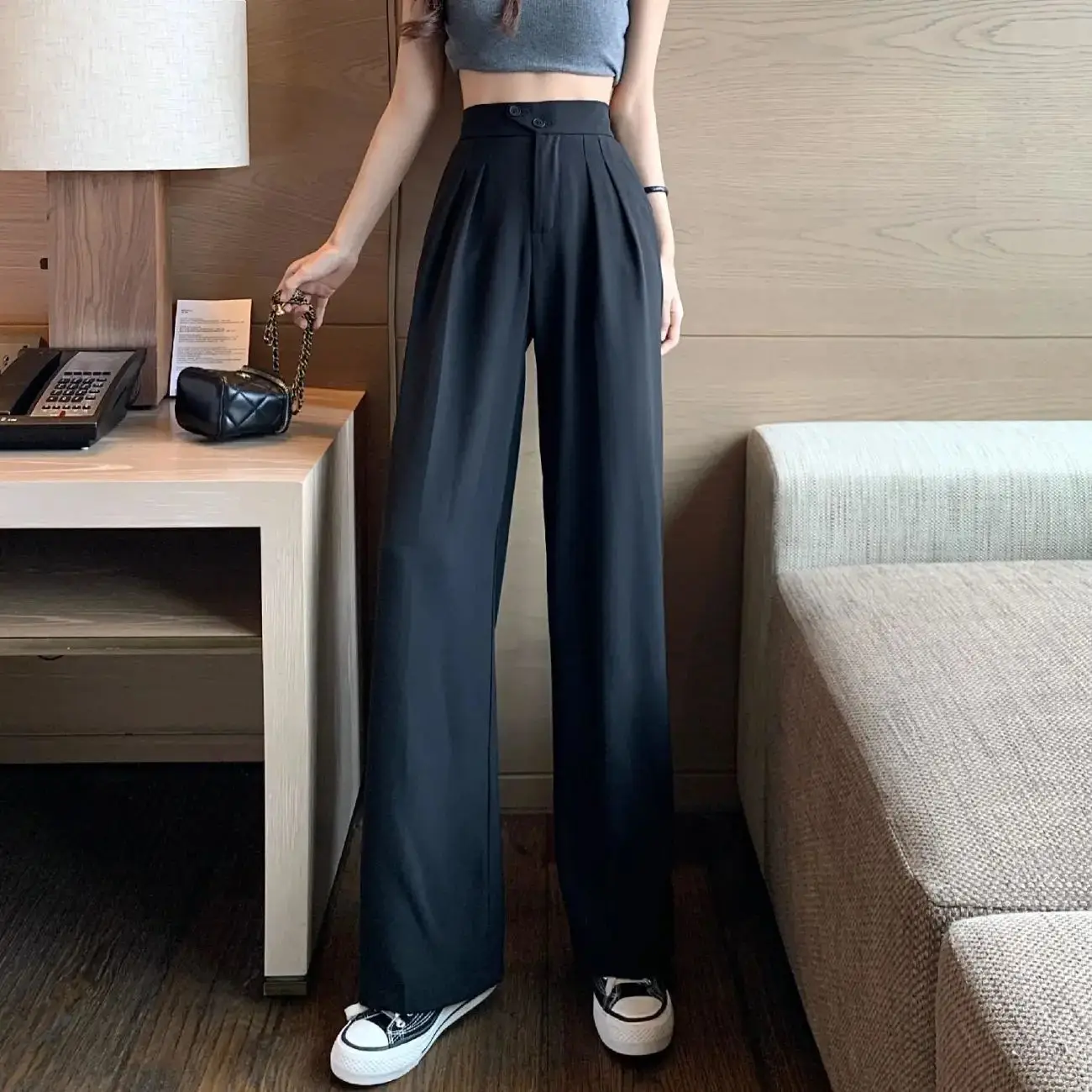 Women High Waist Slimming Pants Wide Leg Casual Black - Image 3