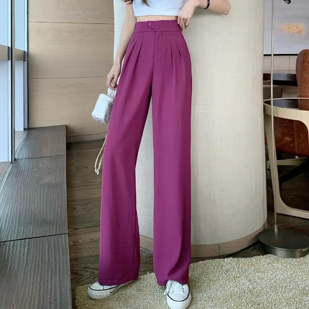 Women High Waist Slimming Pants Wide Leg Casual Black - Image 4