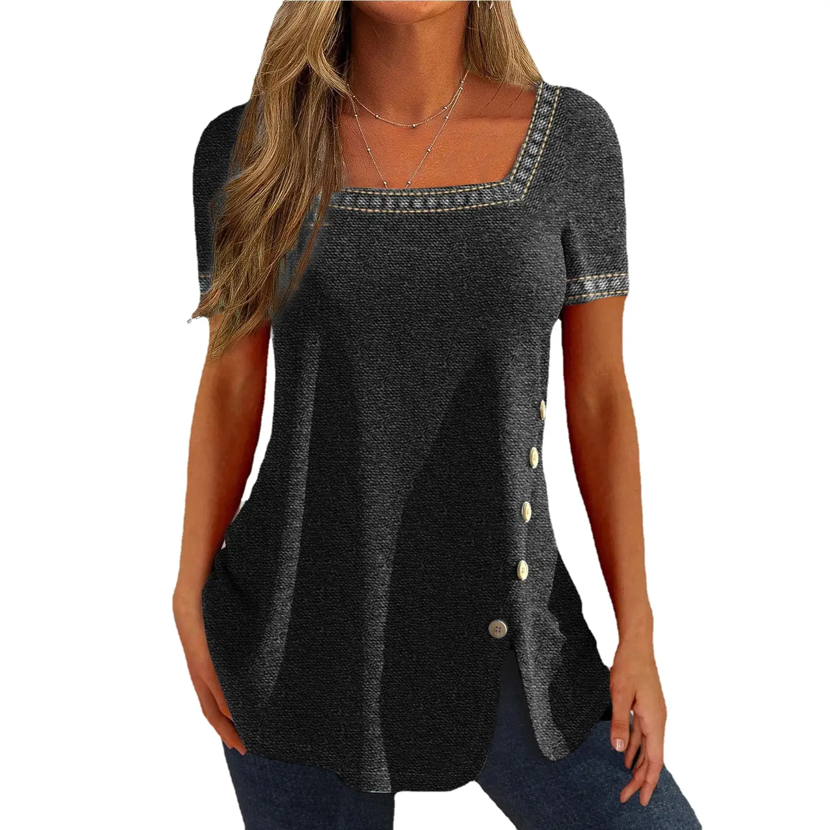 Purple Printed Button Slit Top Shirt for Women
