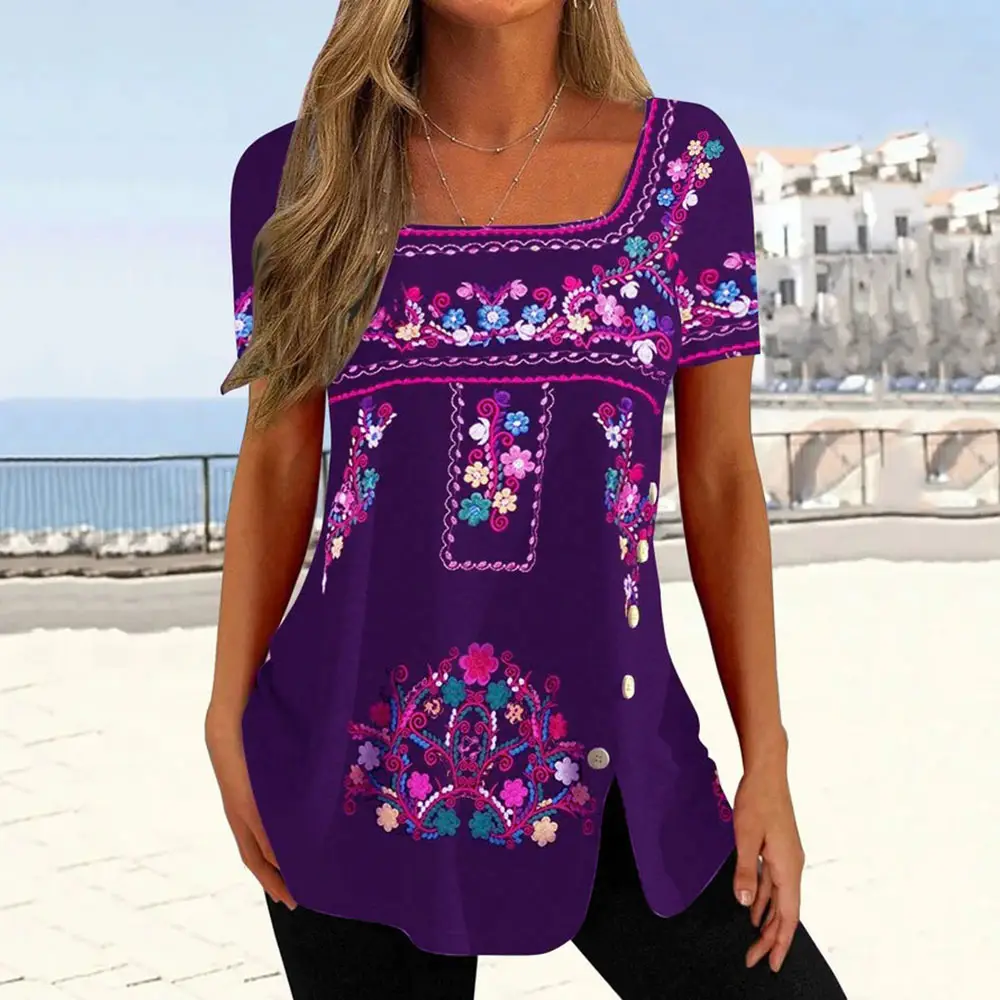Purple Printed Button Slit Top Shirt for Women