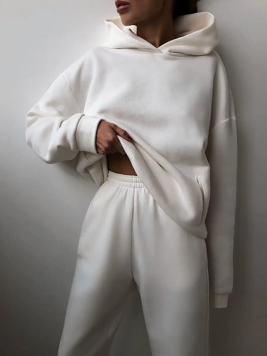 White Hooded Sweatshirt & Trousers Set for Women — feature 10