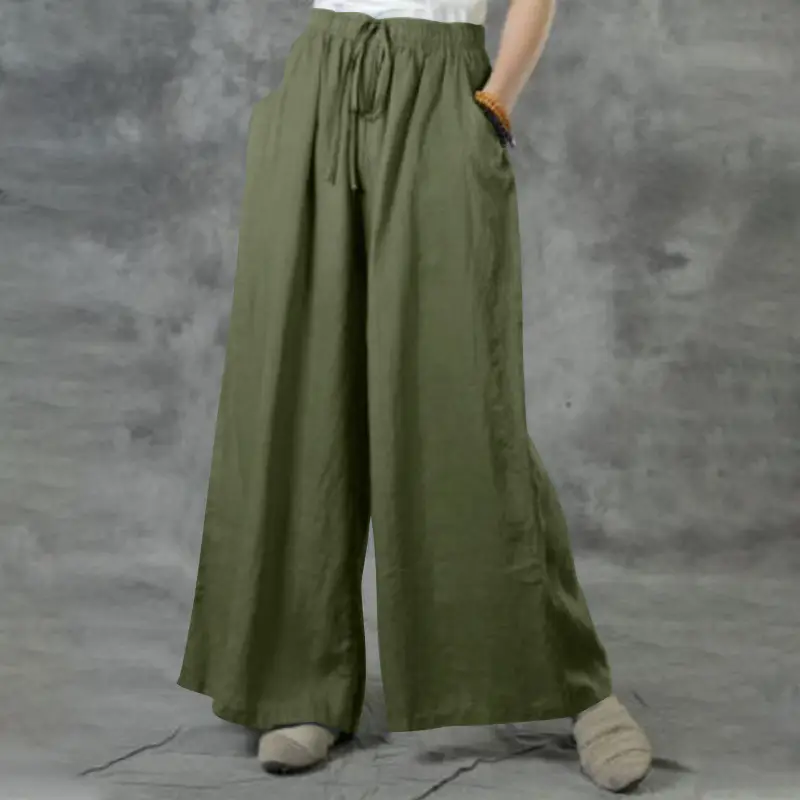 Women's Blue Wide Leg Linen Trousers - Image 4