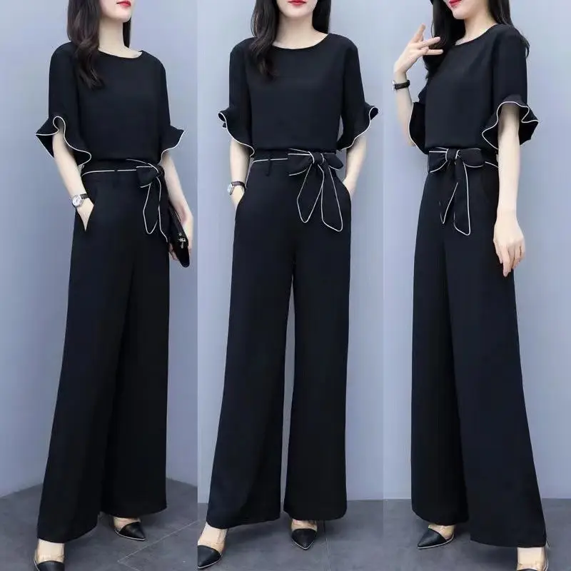 Women Black Wide Leg Pants Set Summer 2022
