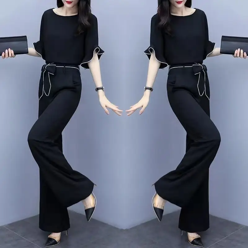 Women Black Wide Leg Pants Set Summer 2022 - Image 3