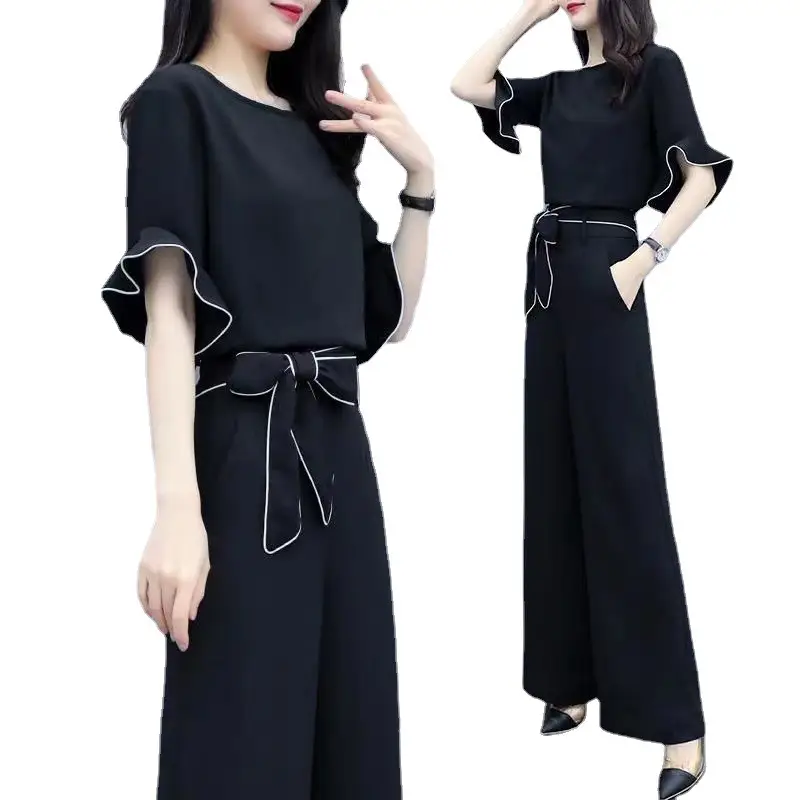 Women Black Wide Leg Pants Set Summer 2022 - Image 5