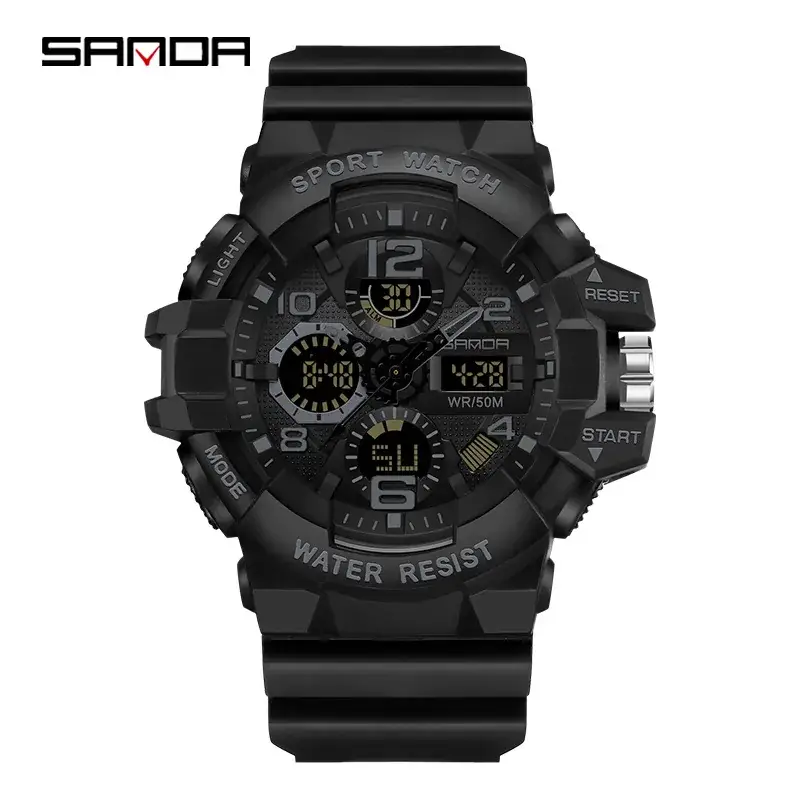 Sanda Black Waterproof Multifunctional Sports Watch - Image 3