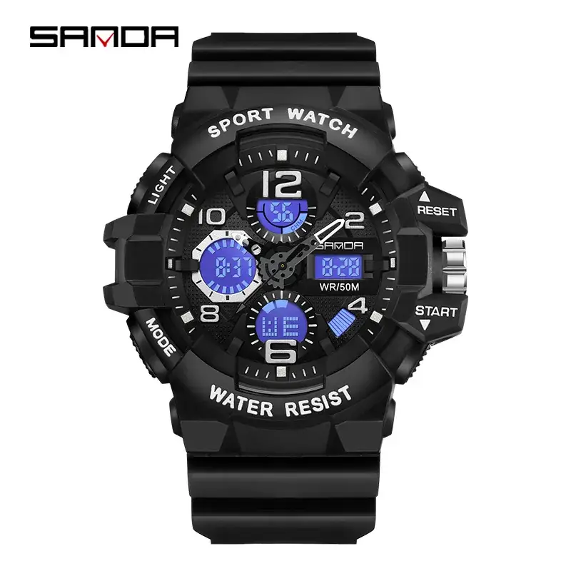 Sanda Black Waterproof Multifunctional Sports Watch - Image 4