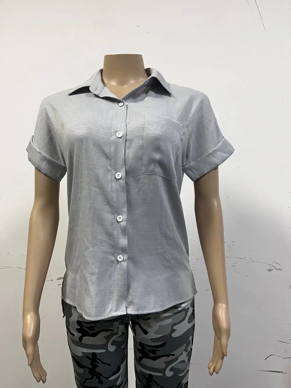 Women Cotton Linen Short Sleeve Shirt Blue Summer — feature 23