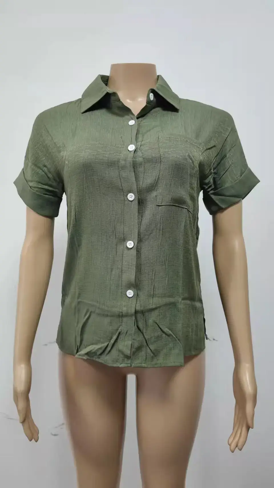 Women Cotton Linen Short Sleeve Shirt Blue Summer — feature 26