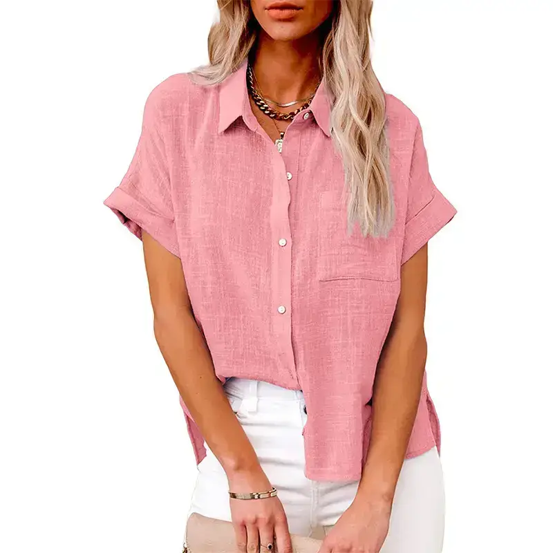 Women Cotton Linen Short Sleeve Shirt Blue Summer — feature 32