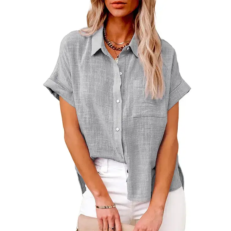 Women Cotton Linen Short Sleeve Shirt Blue Summer — feature 33