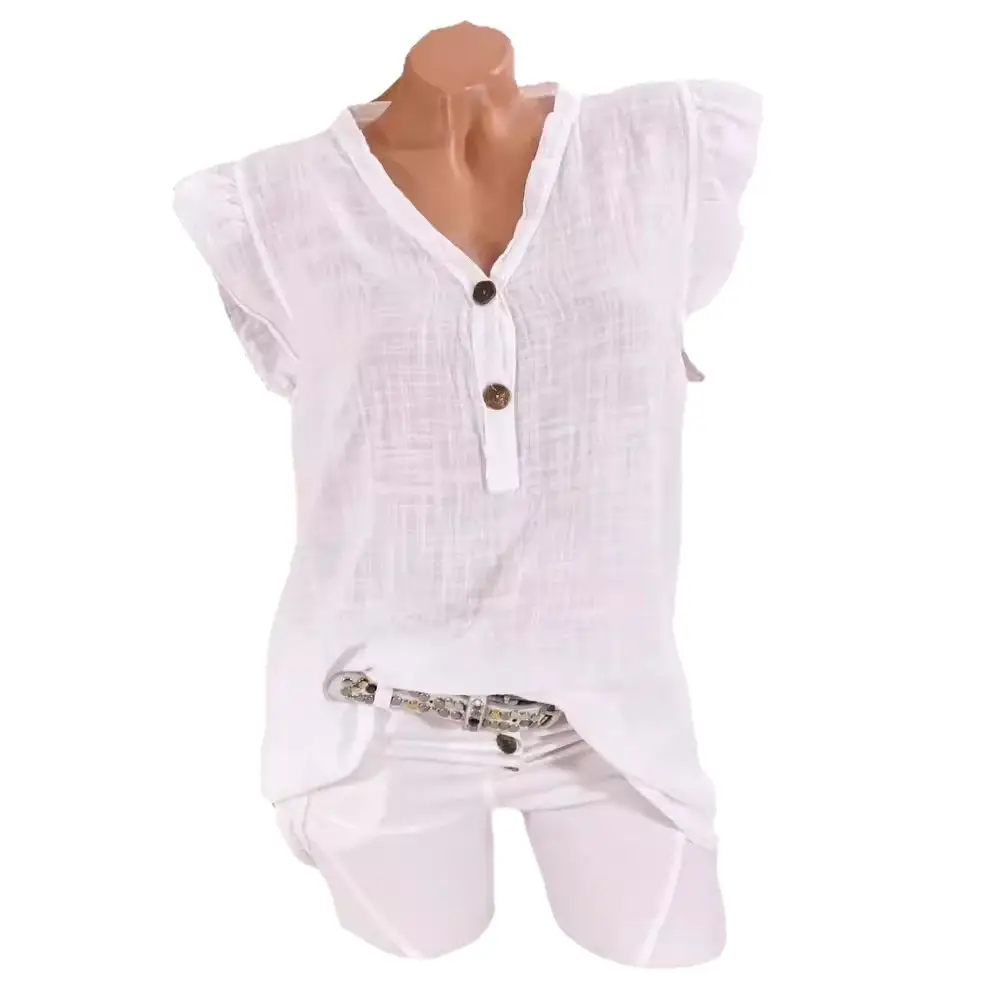 Pink V-Neck Linen T-Shirt Plus Size - Image 12