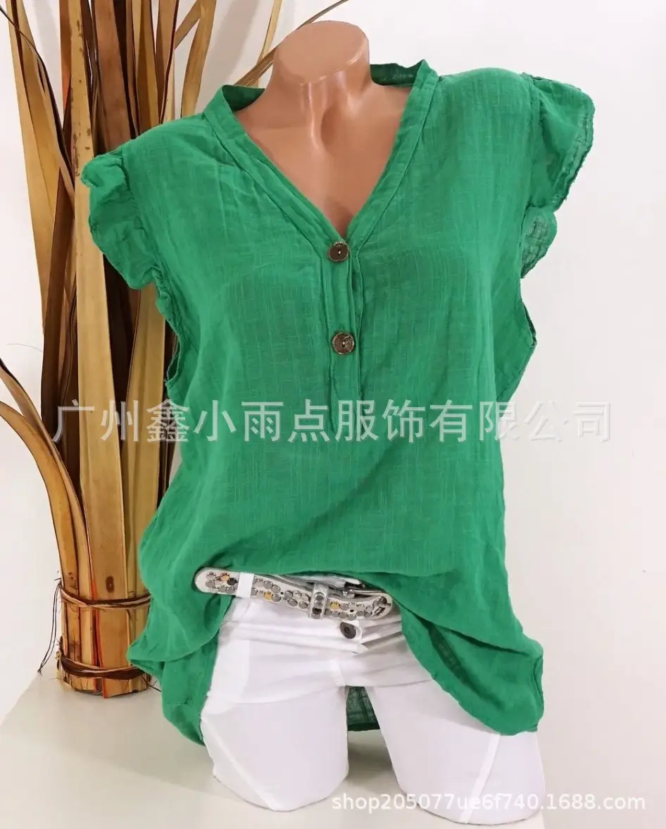 Pink V-Neck Linen T-Shirt Plus Size - Image 5
