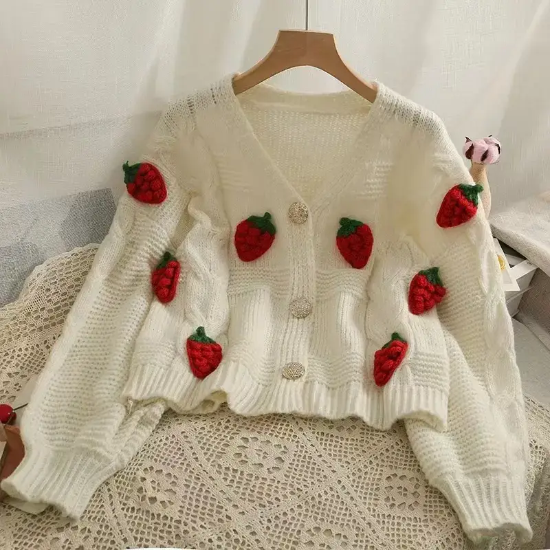 Women's Cream Strawberry Crochet Knitted Cardigan
