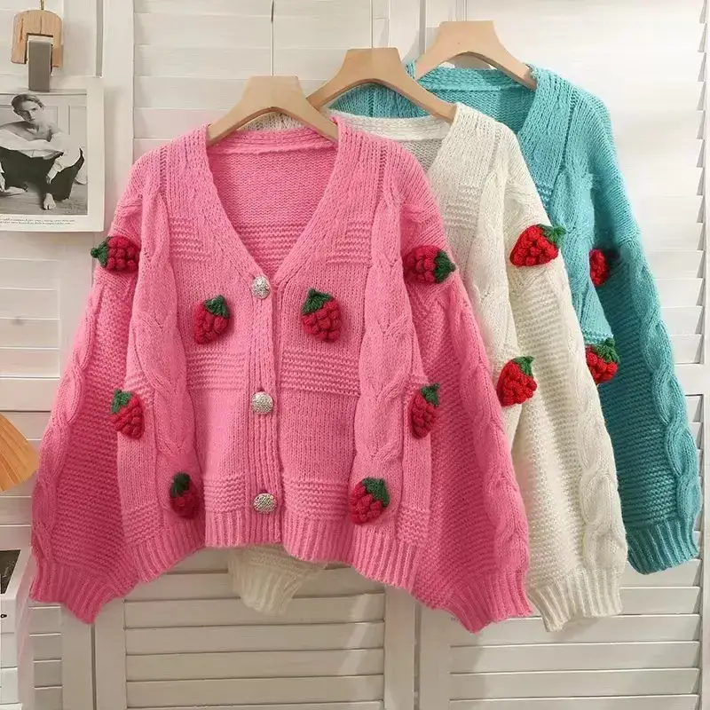 Women's Cream Strawberry Crochet Knitted Cardigan