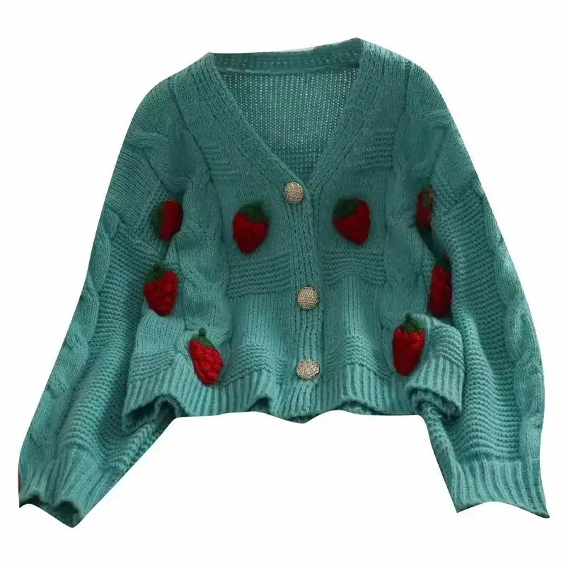 Women's Cream Strawberry Crochet Knitted Cardigan