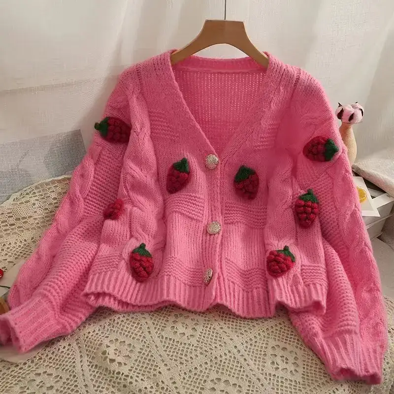 Women's Cream Strawberry Crochet Knitted Cardigan