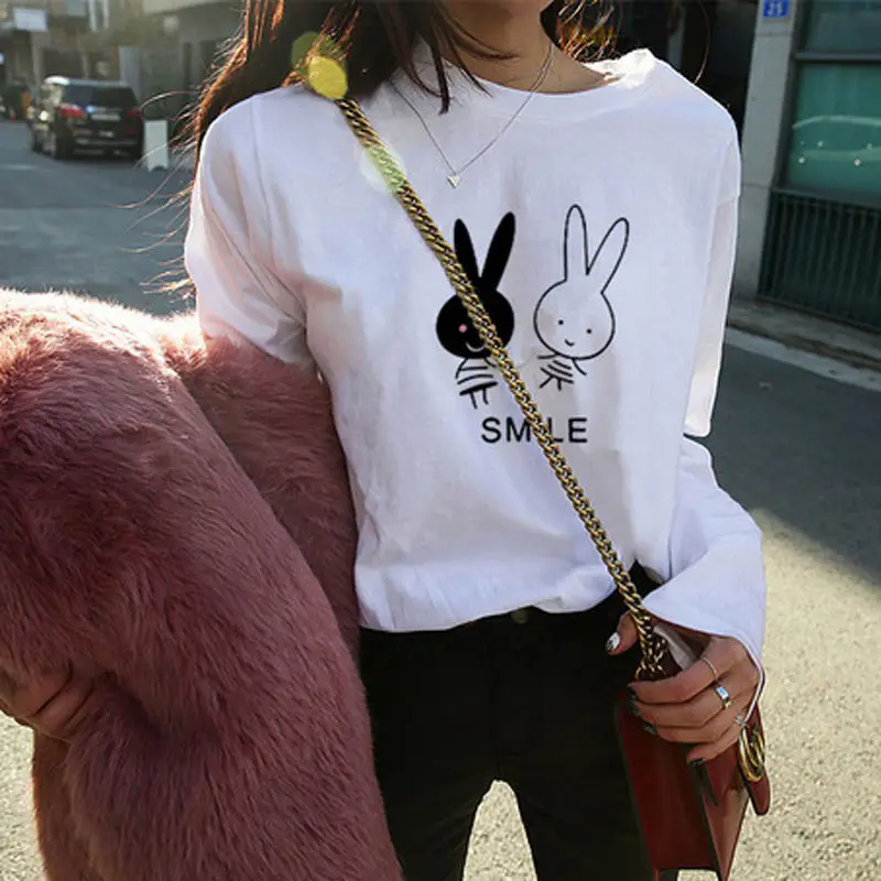 2022 Korean Style Black Rabbit Print Long Sleeve T-Shirt - Image 4
