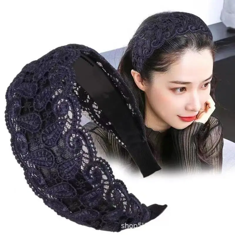 White Lace Wide-brimmed Hair Hoop with Black Strap - Image 8