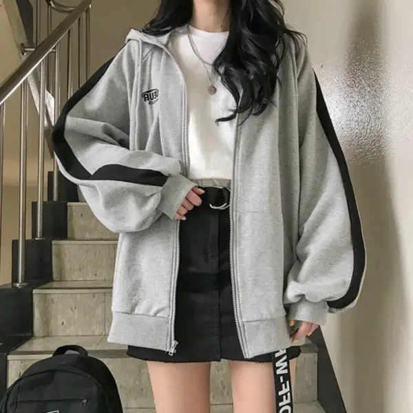 Women Grey Zipper Sweatshirt Jacket Large 2025 Harajuku Style