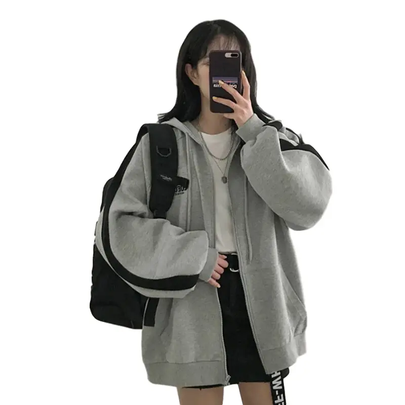 Women Grey Zipper Sweatshirt Jacket Large 2025 Harajuku Style - Image 9